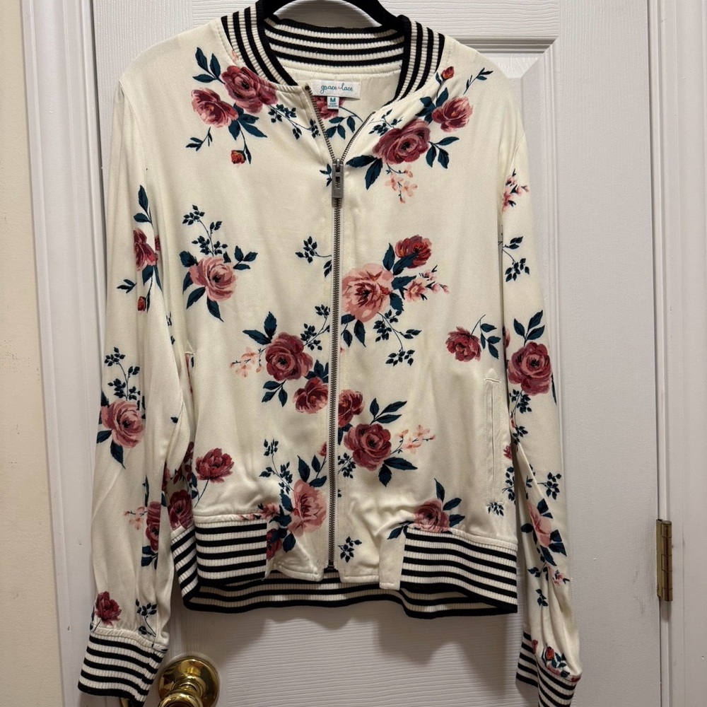 Pink Floral Print Bomber Baseball Jacket Grace and Lace